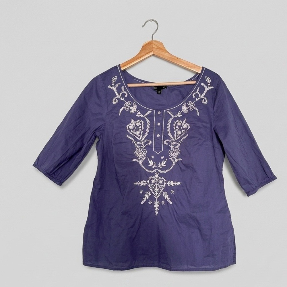 Gap Women Navy Purple Embroidered Cotton Tunic Top 3/4 Sleeve Boho Blouse Size M